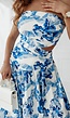 Witte Strapless Jurk met Blauwe Print en Cut Out