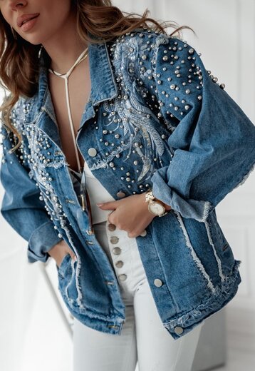 NEW0504 Denim Jacket Deluxe met Parels en Print