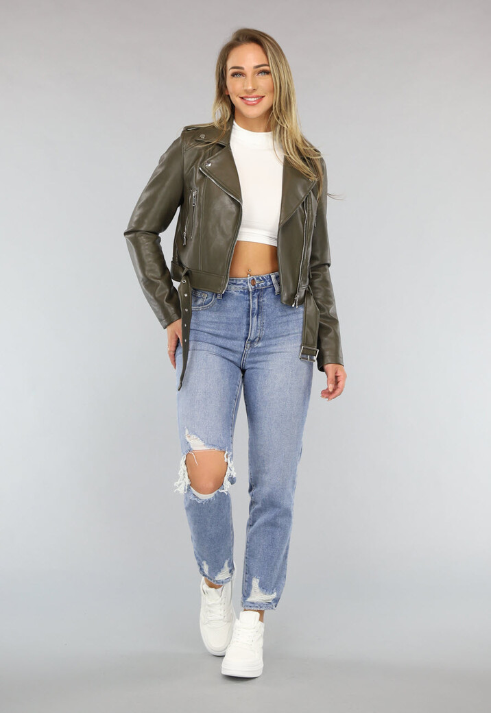 Khaki Lederlook Jack in Kort Model