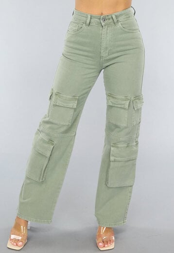 NEW0304 Legergroene Utility Broek met Hoge Taille