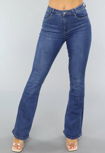 NEW0304 Flared Jeans met Hoge Taille in Donkerblauw