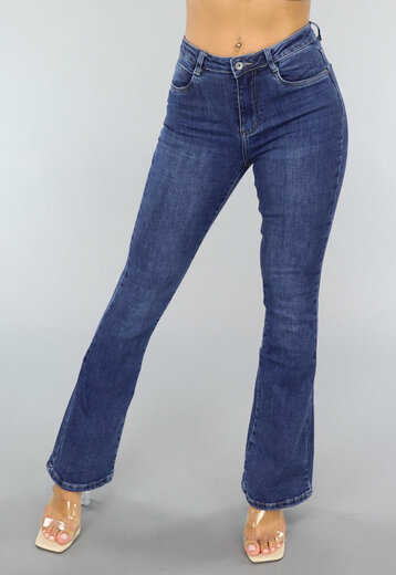 NEW0304 Donkerblauwe Mid Waist Flair Jeans