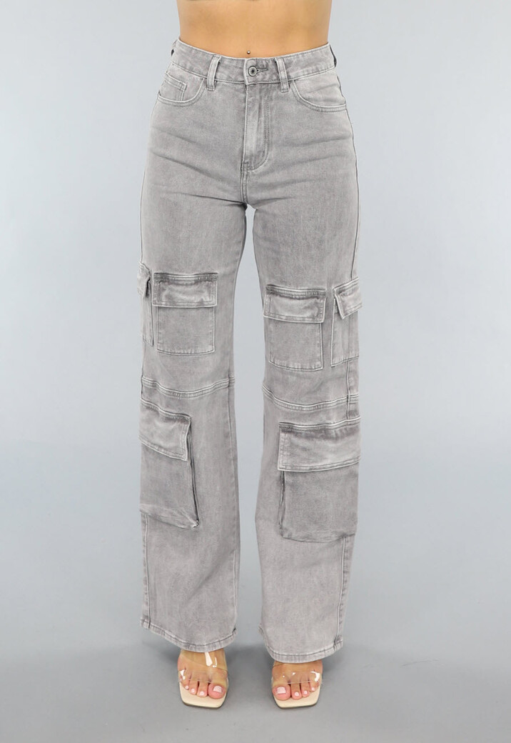 Lichtgrijze Jeans met Hoge Taille en Cargo Zakken