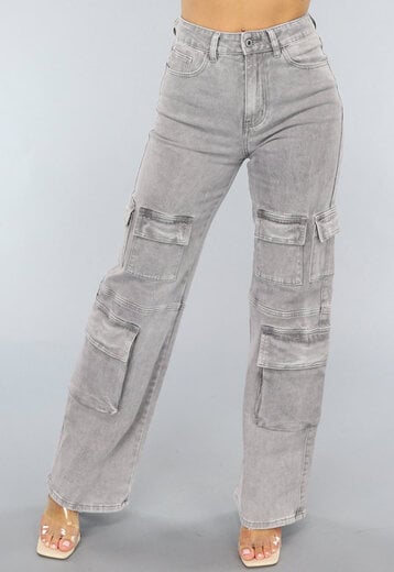 NEW0304 Lichtgrijze Jeans met Hoge Taille en Cargo Zakken