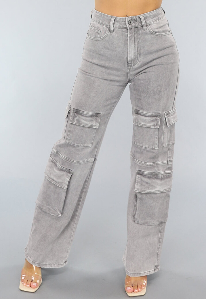 Lichtgrijze Jeans met Hoge Taille en Cargo Zakken