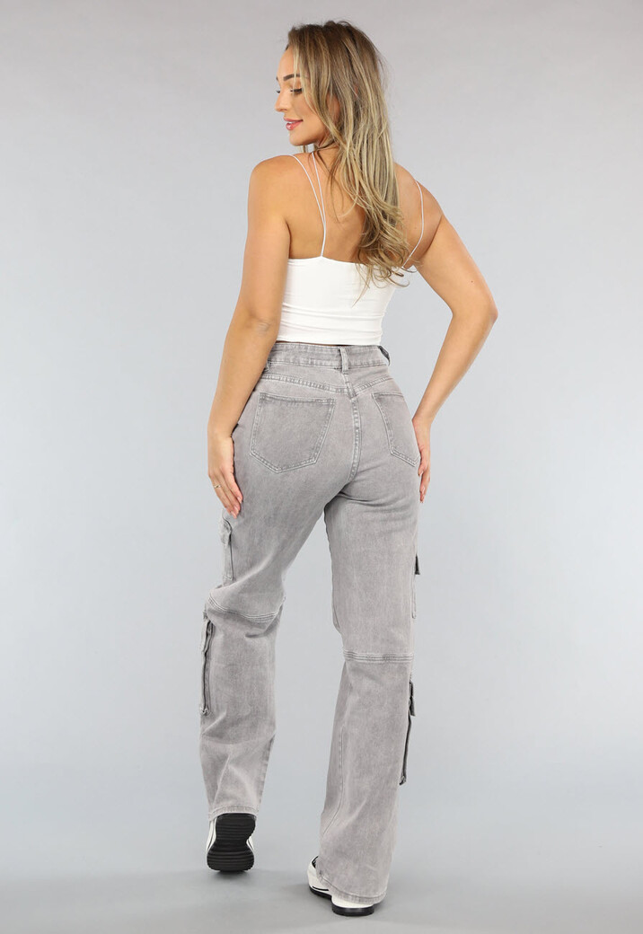 Lichtgrijze Jeans met Hoge Taille en Cargo Zakken