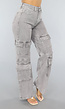 Lichtgrijze Jeans met Hoge Taille en Cargo Zakken