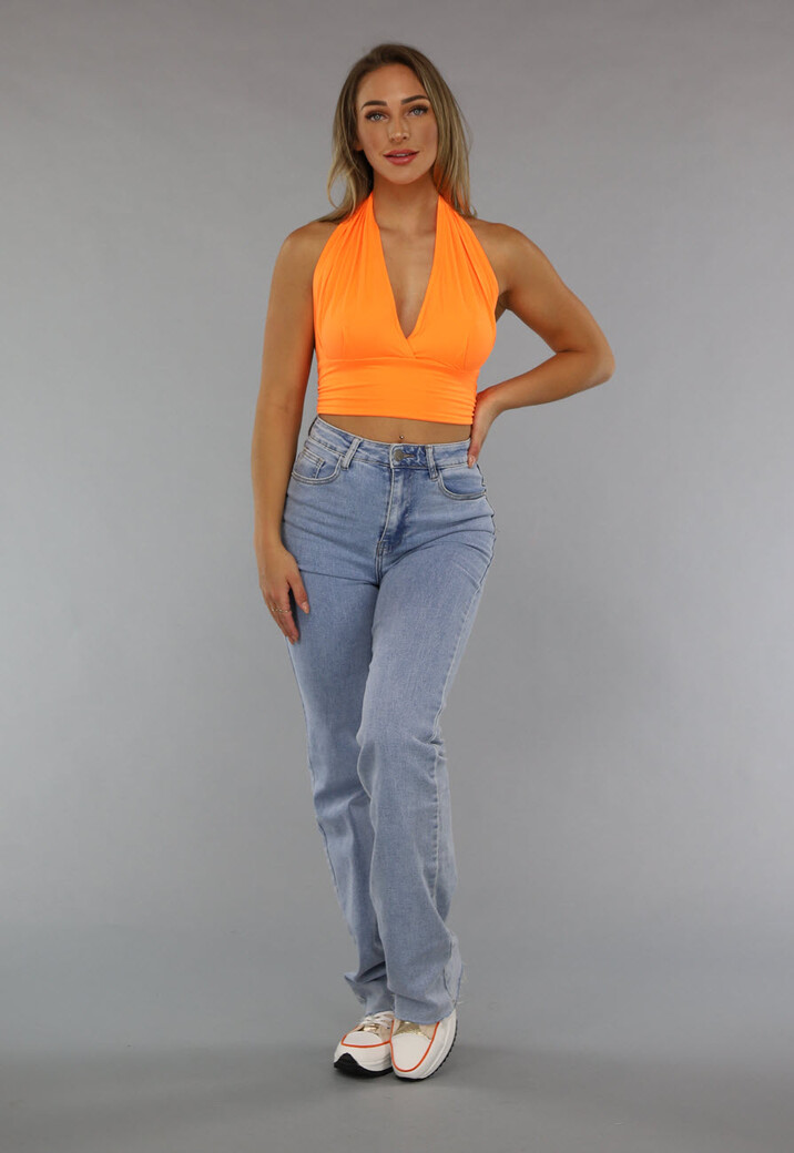 Neon Oranje Halter Top met Strikdetail