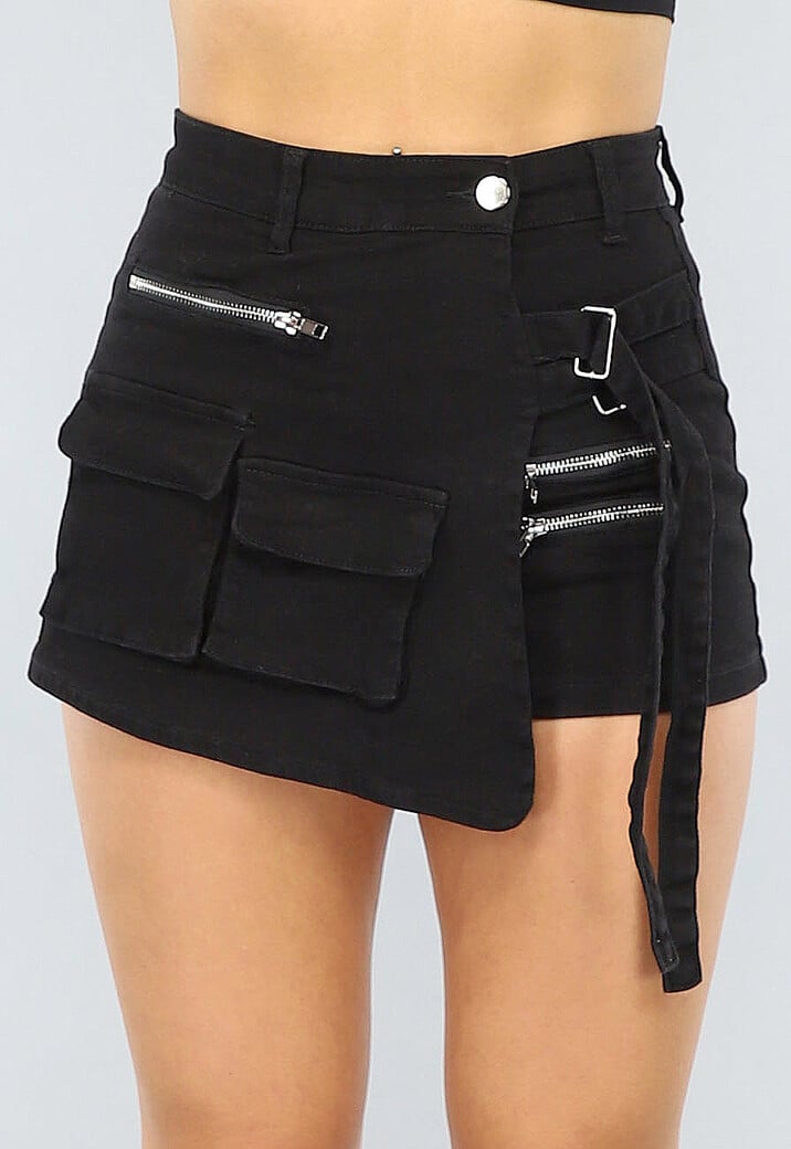 Zwarte Cargo Skort met Gespdetail