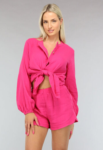 OP=OP.AV.04 Short Set van Mousseline Stof in Fuchsia