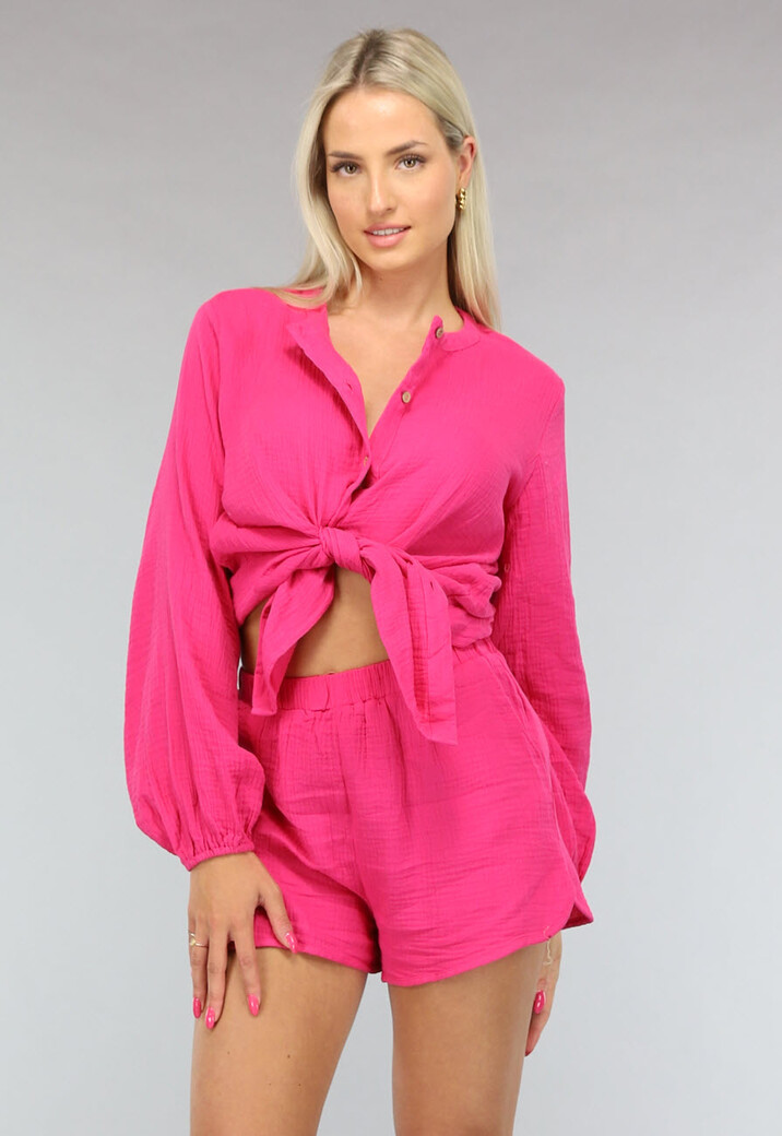 Short Set van Mousseline Stof in Fuchsia