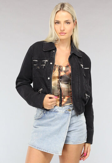 NEW0304 Zwart Cropped Denim Jasje met Rits Details