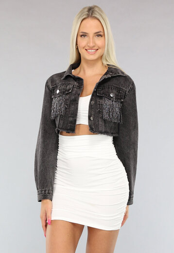 NEW0304 Grijs Cropped Denim Jasje met Franjes