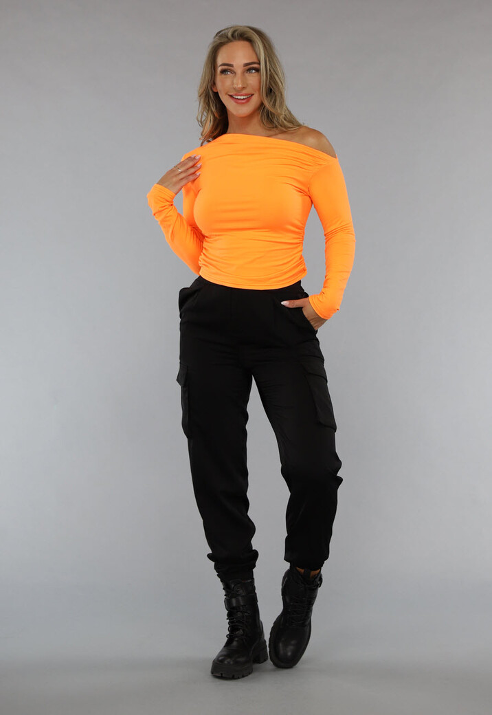 Oranje Longsleeve Top met Geplooid Effect