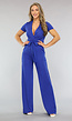 Blauwe Aansluitende Wide Leg Jumpsuit met Ceintuur