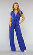 Blauwe Aansluitende Wide Leg Jumpsuit met Ceintuur