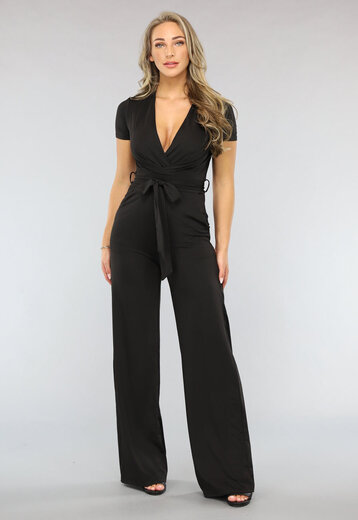 Zwarte Wide Leg Jumpsuit met Korte Mouwen