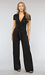 Zwarte Wide Leg Jumpsuit met Korte Mouwen en Tailleband