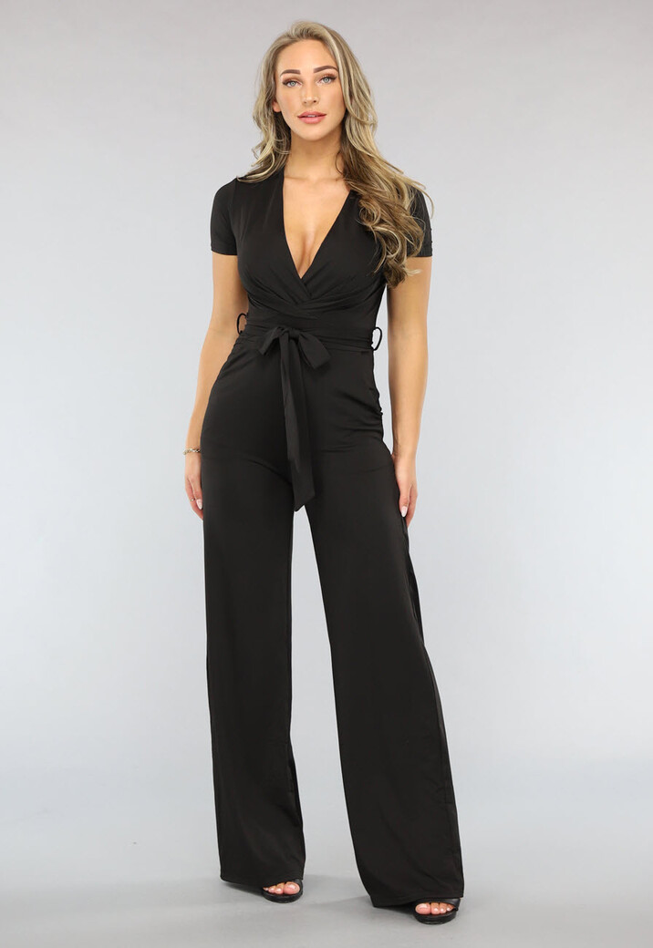 Zwarte Wide Leg Jumpsuit met Korte Mouwen en Tailleband