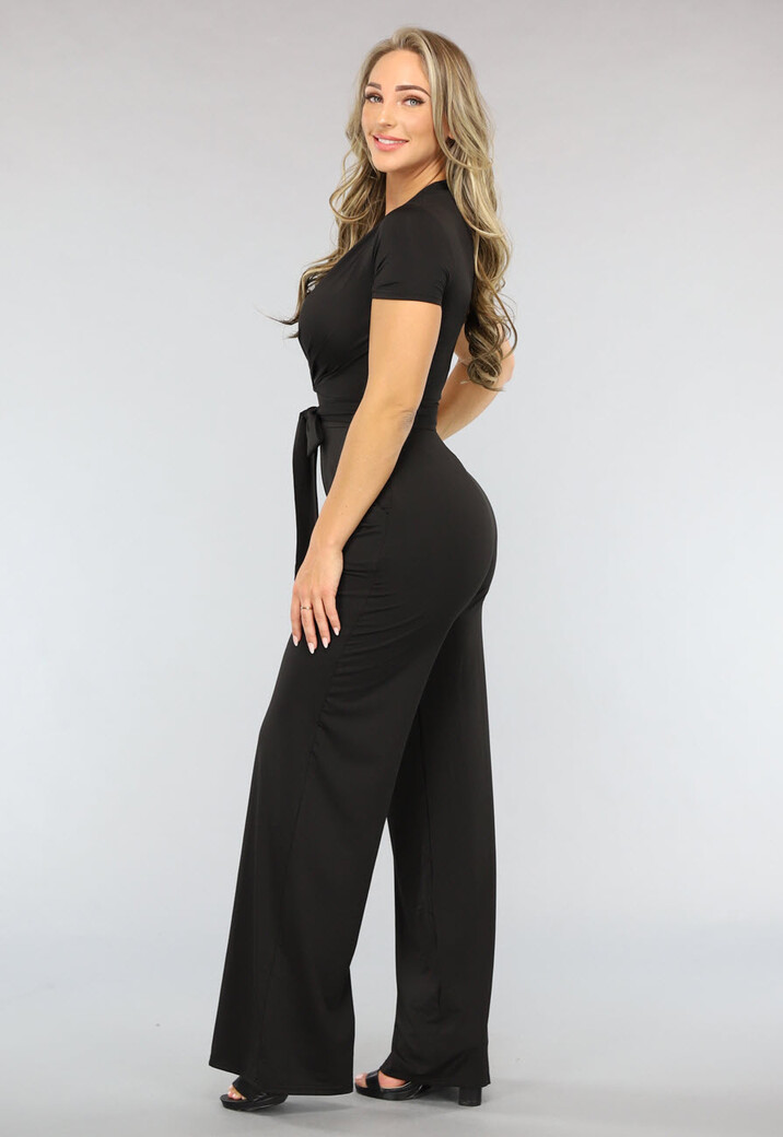 Zwarte Wide Leg Jumpsuit met Korte Mouwen en Tailleband
