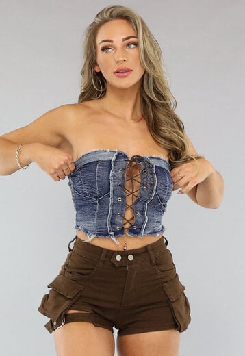 NEW1004 Blauwe Strapless Denim Korset Top