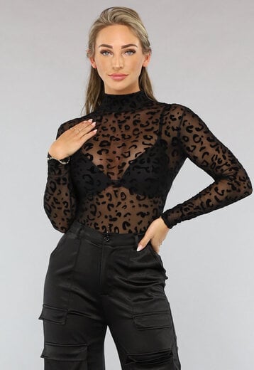 NEW1004 Zwarte Mesh Bodysuit met Panterprint