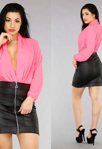 WELMONTA Neon Roze Chiffon Bodysuit met Sexy Decolleté Maat OS