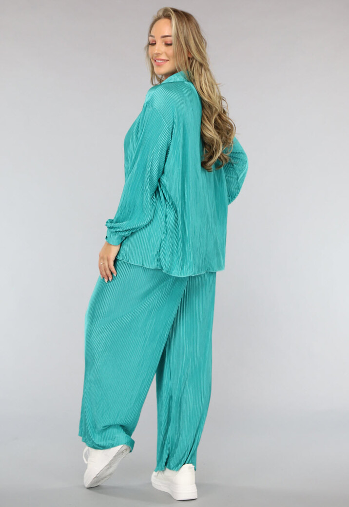 Glanzende Plissé Set in Zeegroen