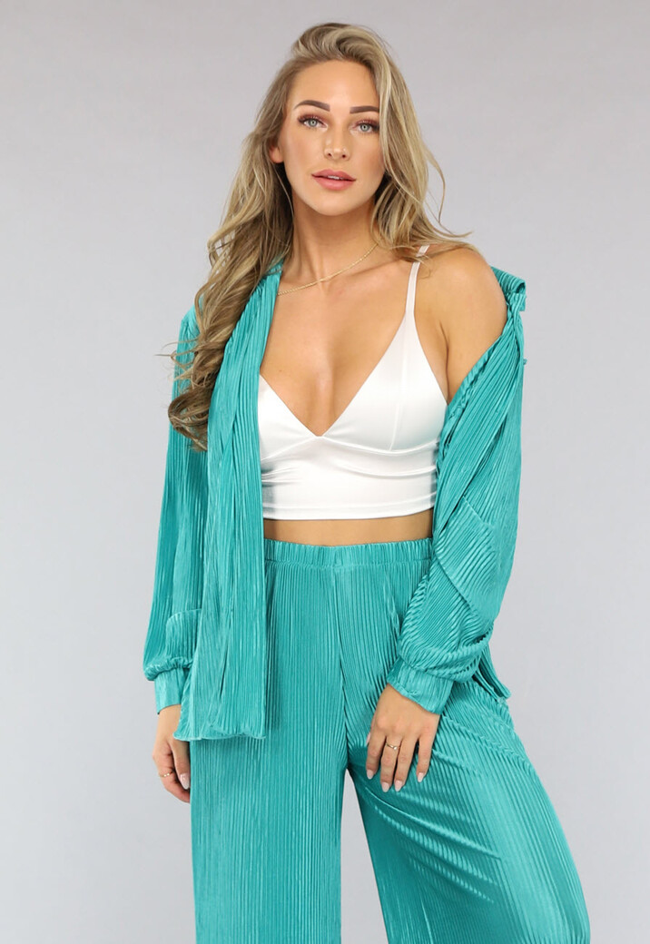 Glanzende Plissé Set in Zeegroen