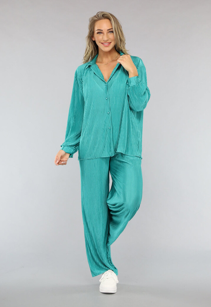 Glanzende Plissé Set in Zeegroen