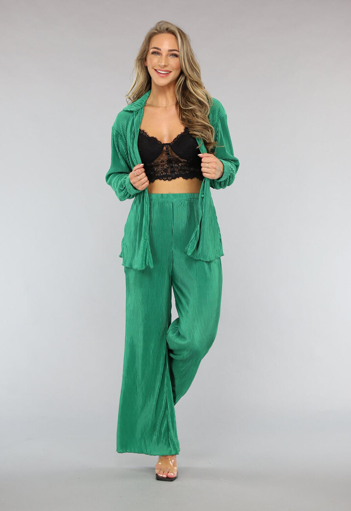 Groene Plissé Set met Wide Leg Broek