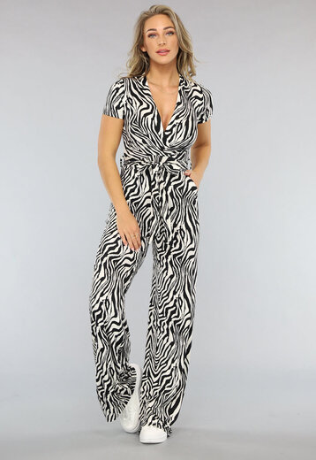 NEW1004 Shortsleeve Jumpsuit met Witte Zebra Print