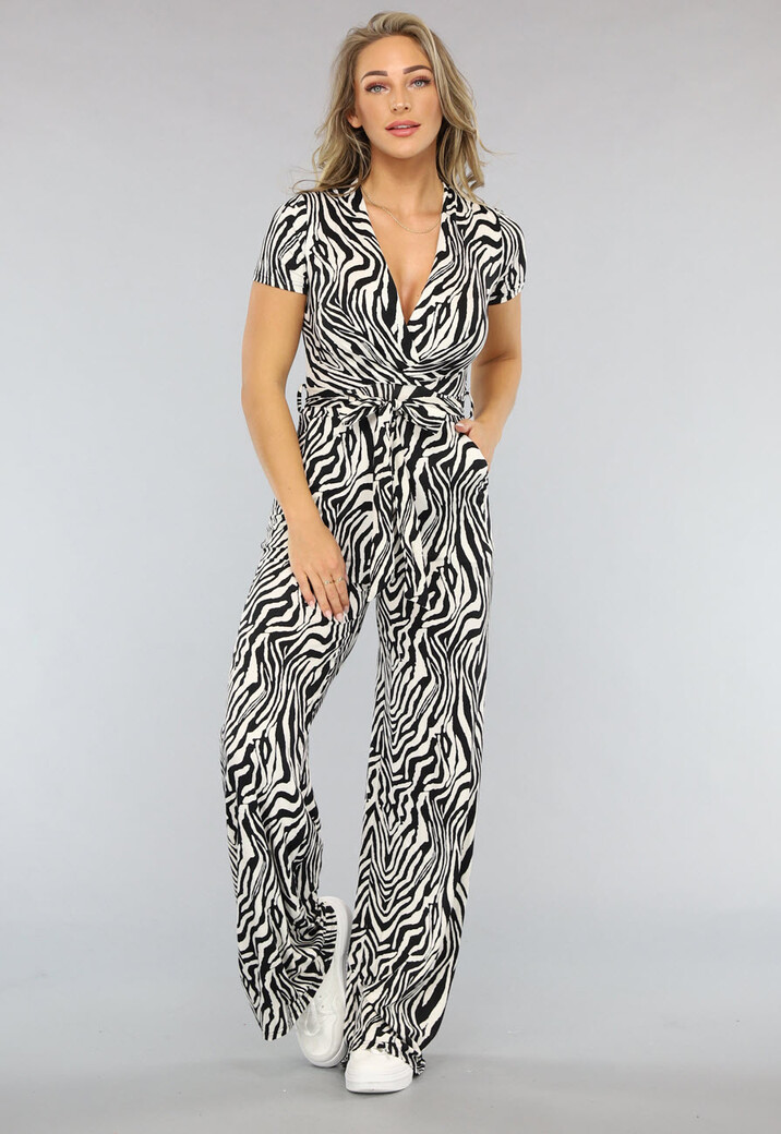 Shortsleeve Jumpsuit met Witte Zebra Print