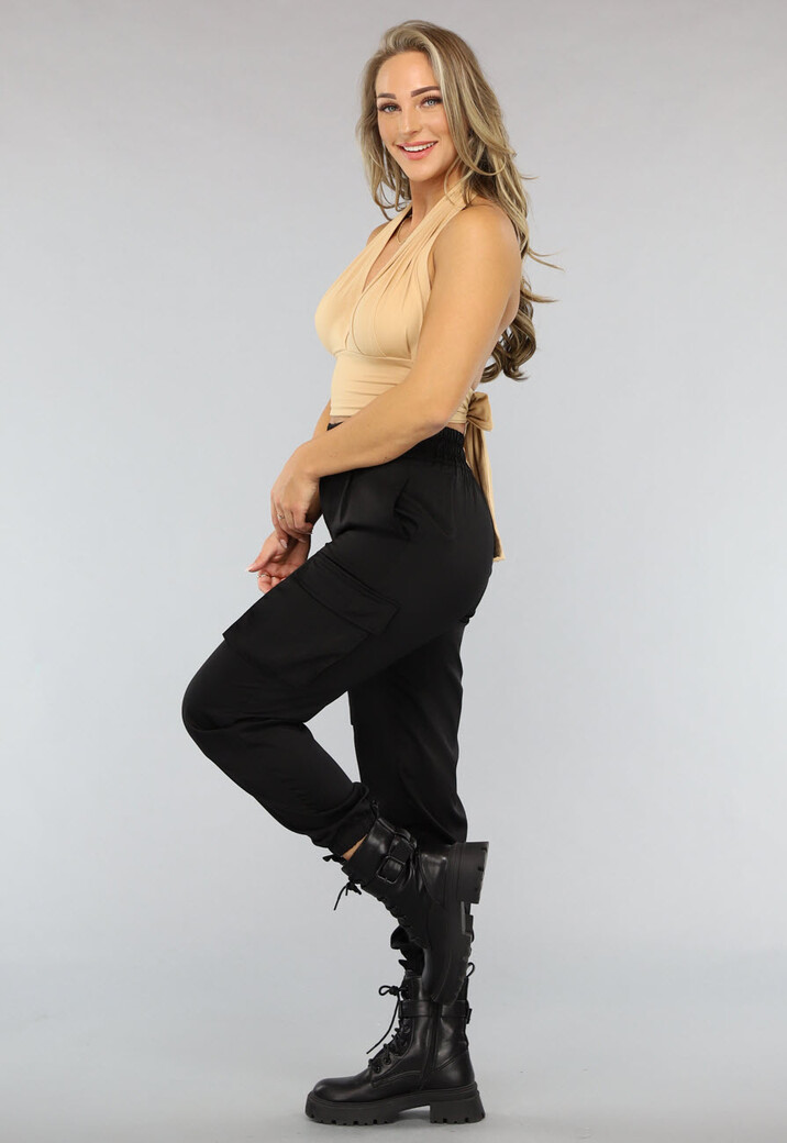 Elastische Beige Top met Open Rug en Strik