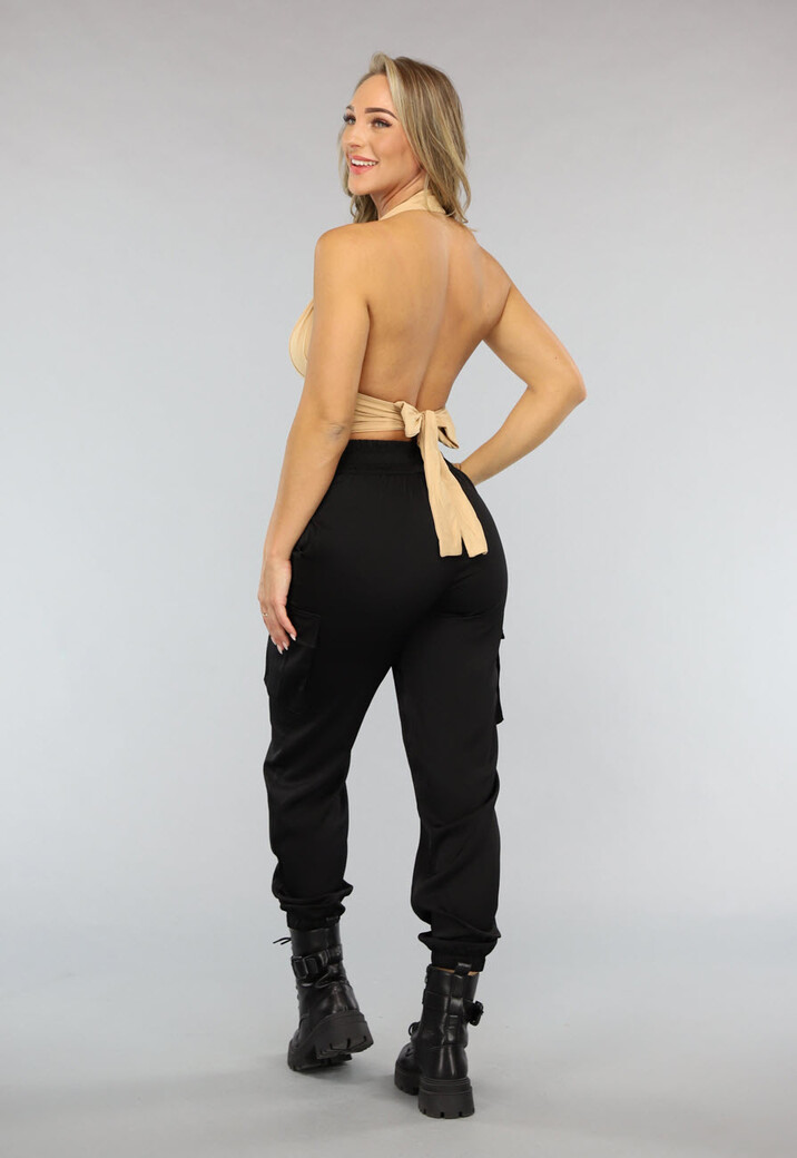 Elastische Beige Top met Open Rug en Strik