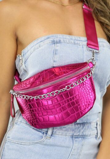 NEW1004 Roze Metallic Croco Buideltasje met Ketting