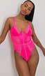 Neon Roze Lederlook Bodysuit met Kanten Details