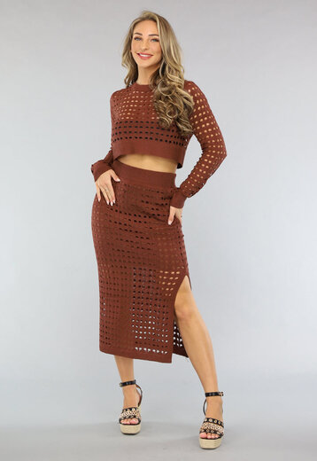 NEW1704 Crochet Gebreide Co Ord Set in Bruin