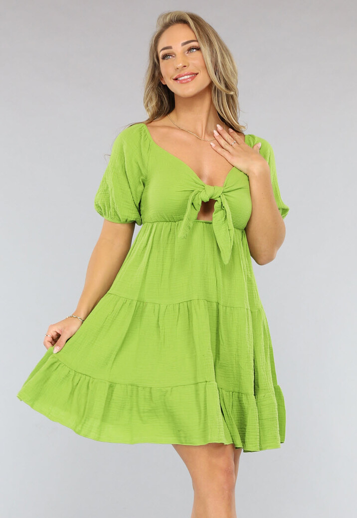 Groene Mousseline Skater Jurk met Strikdetail