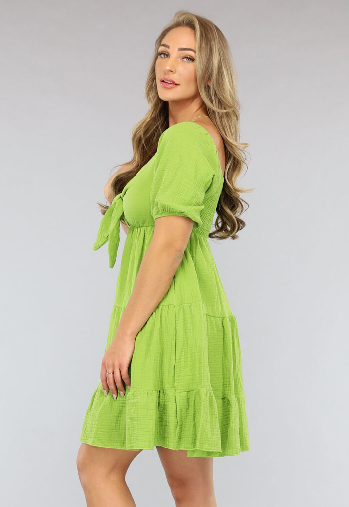 Groene Mousseline Skater Jurk met Strikdetail