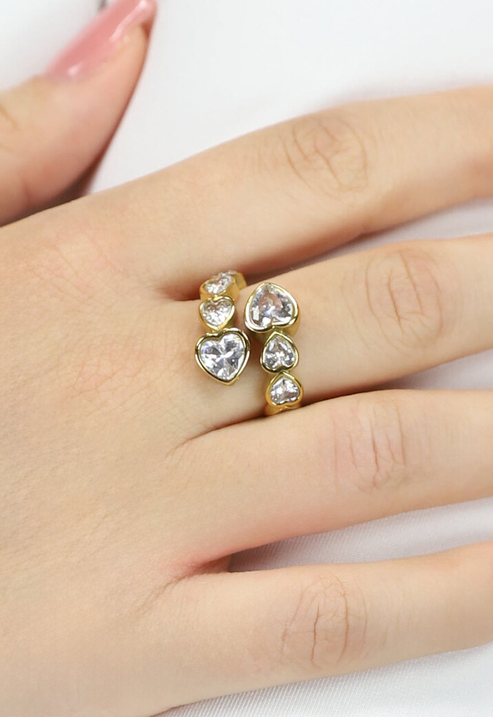 Gouden Stainless Strass Hartjes Ring