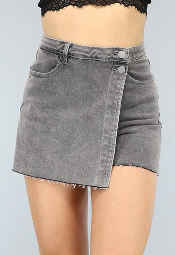 NEW2404 Grijze Ripped Denim Overslag Skort