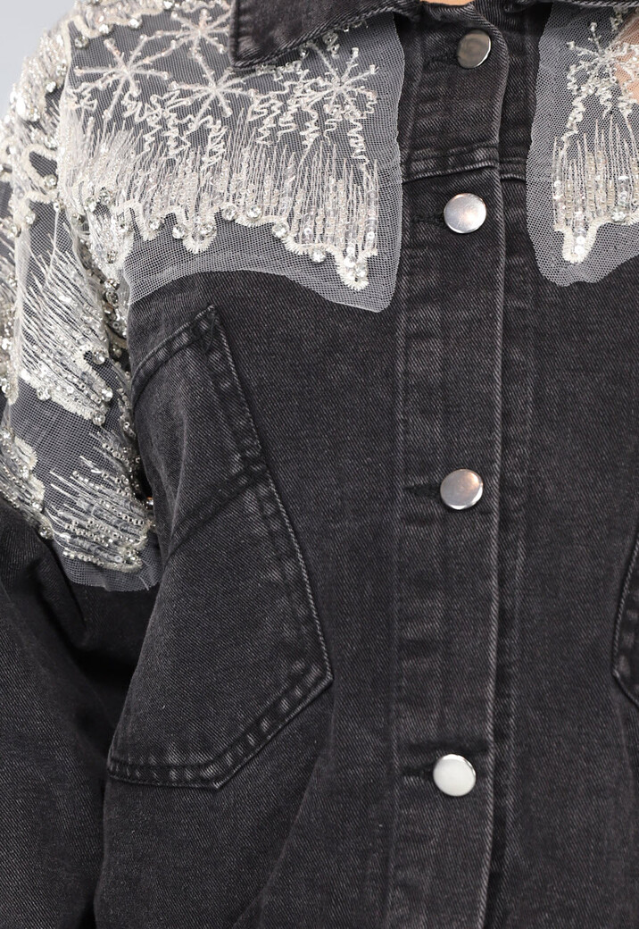 Donkergrijze Glitter Spijkerjas met Mesh