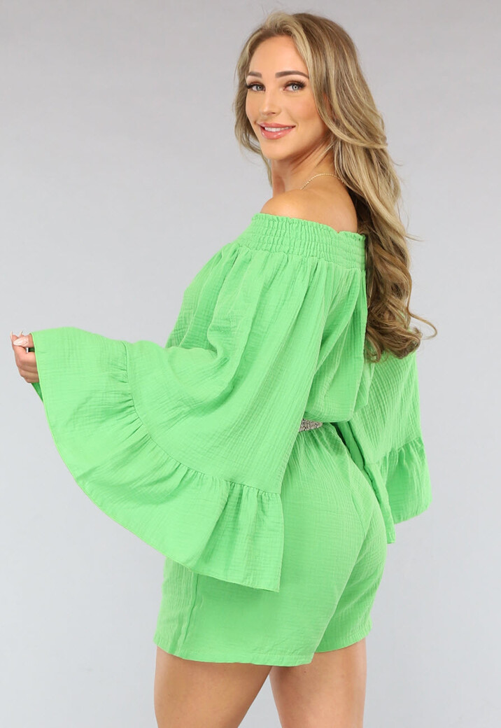 Groene Off Shoulder Mousseline Playsuit