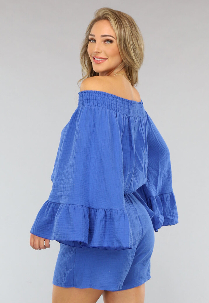 Kobalt Blauwe Mousseline Playsuit met Flair Mouwen