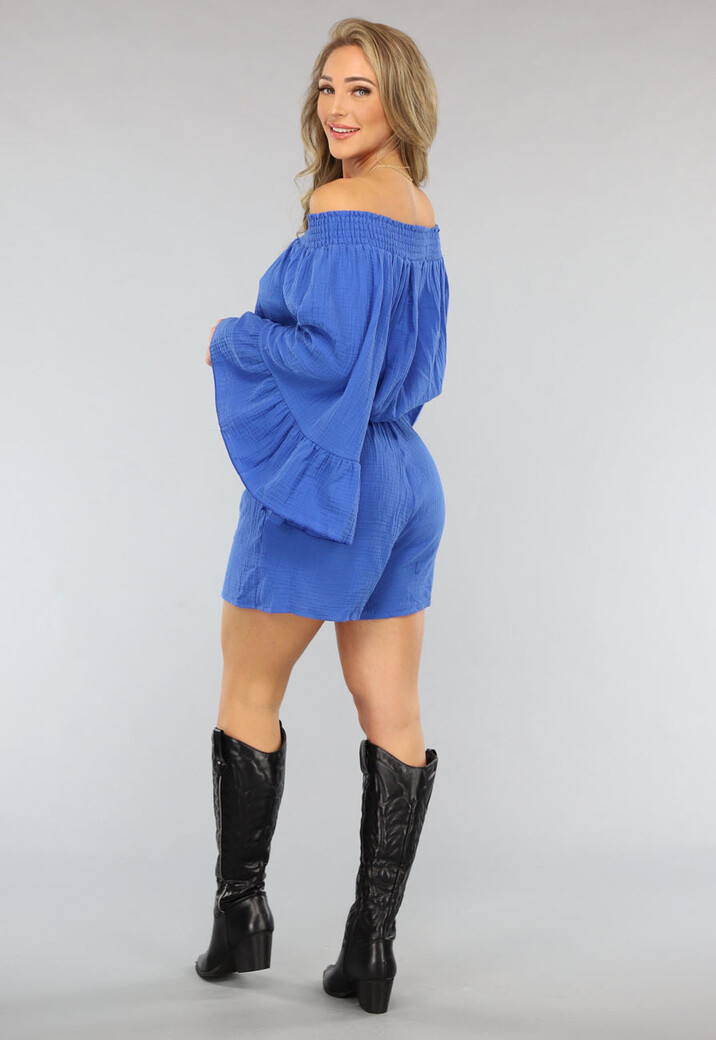 Kobalt Blauwe Mousseline Playsuit met Flair Mouwen