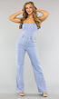 Blauwe Mouwloze Straight Leg Jeans Jumpsuit