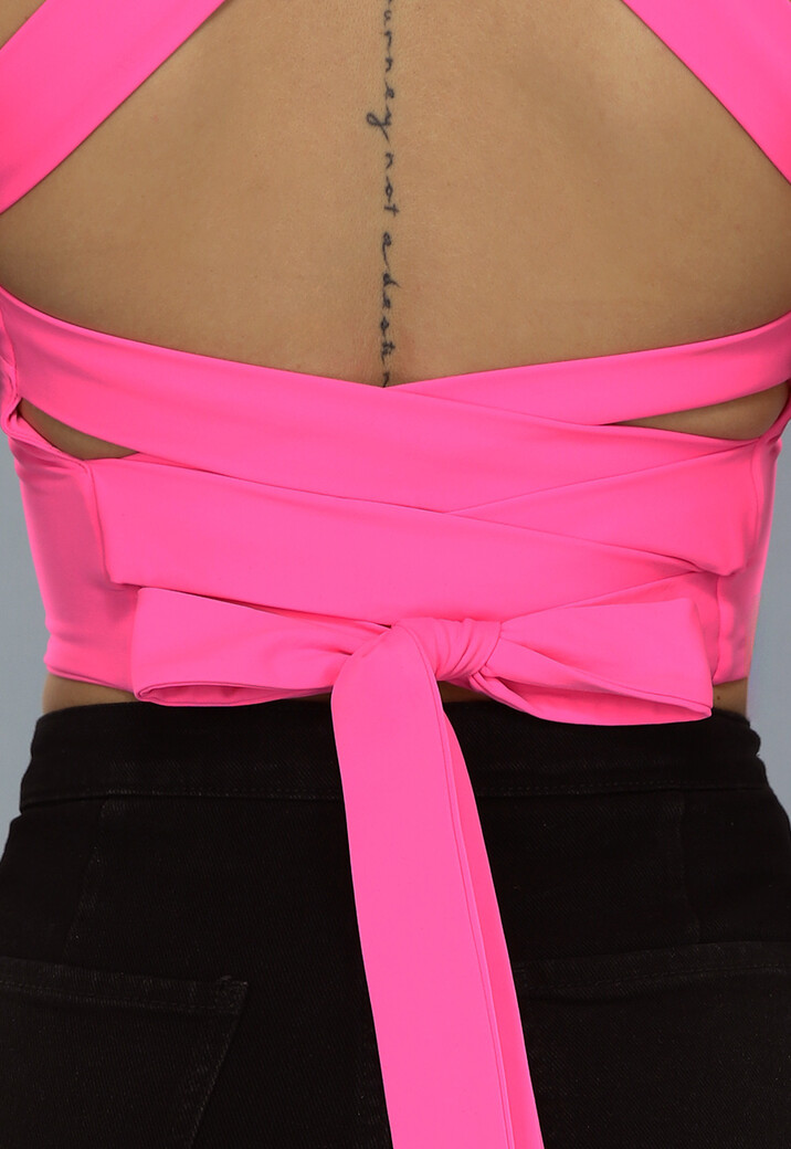 Neon Roze Strakke Top met Strappy Rug Detail