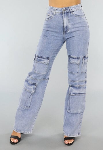 NEW2404 Denim Jeans met Hoge Taille en Cargo Zakken