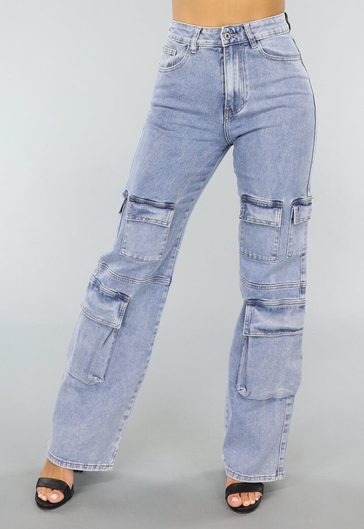 Denim Jeans met Hoge Taille en Cargo Zakken